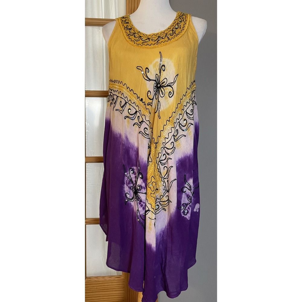 90s California Woman Sequined Sundress OS Purple Asymmetric Hem Boho Psychedelic
